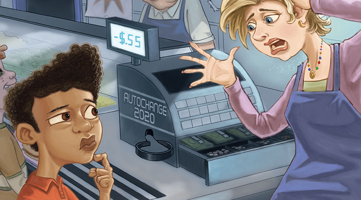 Illustration of confused student buying their lunch while cashier is upset